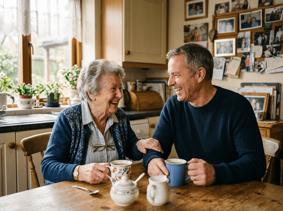 Sunday coffee and laughter at her kitchen table